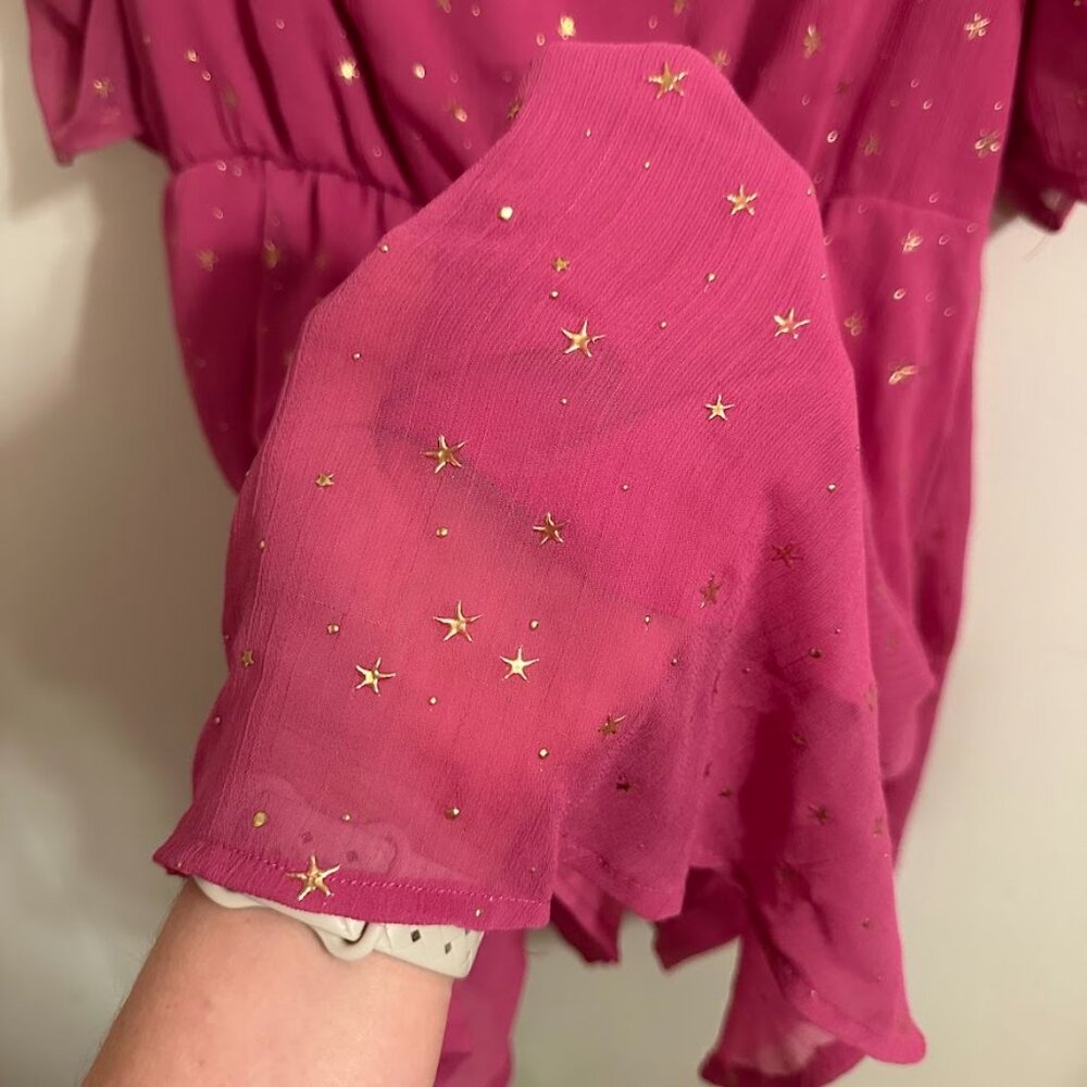 Allegra K Pink and Gold Stars Dress Size Medium | Princess Ruched Sleeves Barbie - Picture 7 of 14
